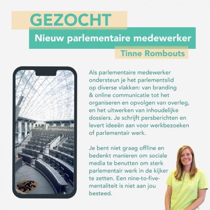 VACATURE: Tinne Rombouts is op zoek naar een voltijds parlementair medewerker (communicatie) in Brussel